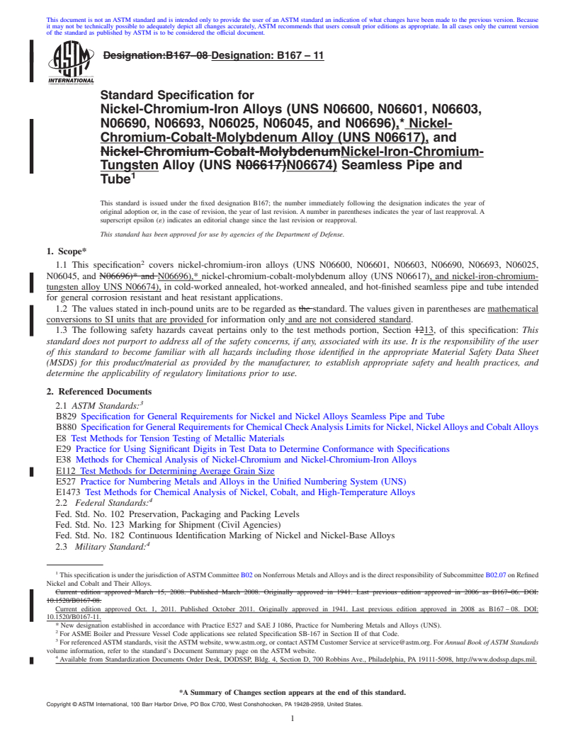 REDLINE ASTM B167-11 - Specification for Nickel-Chromium-Iron Alloys (UNS N06600, N06601, N06603, N06690, N06693, N06025, N06045, and N06696), Nickel-Chromium-Cobalt-Molybdenum Alloy (UNS N06617), and Nickel-Iron-Chromium-Tungsten Alloy (UNS N06674) Seamless Pipe and Tube