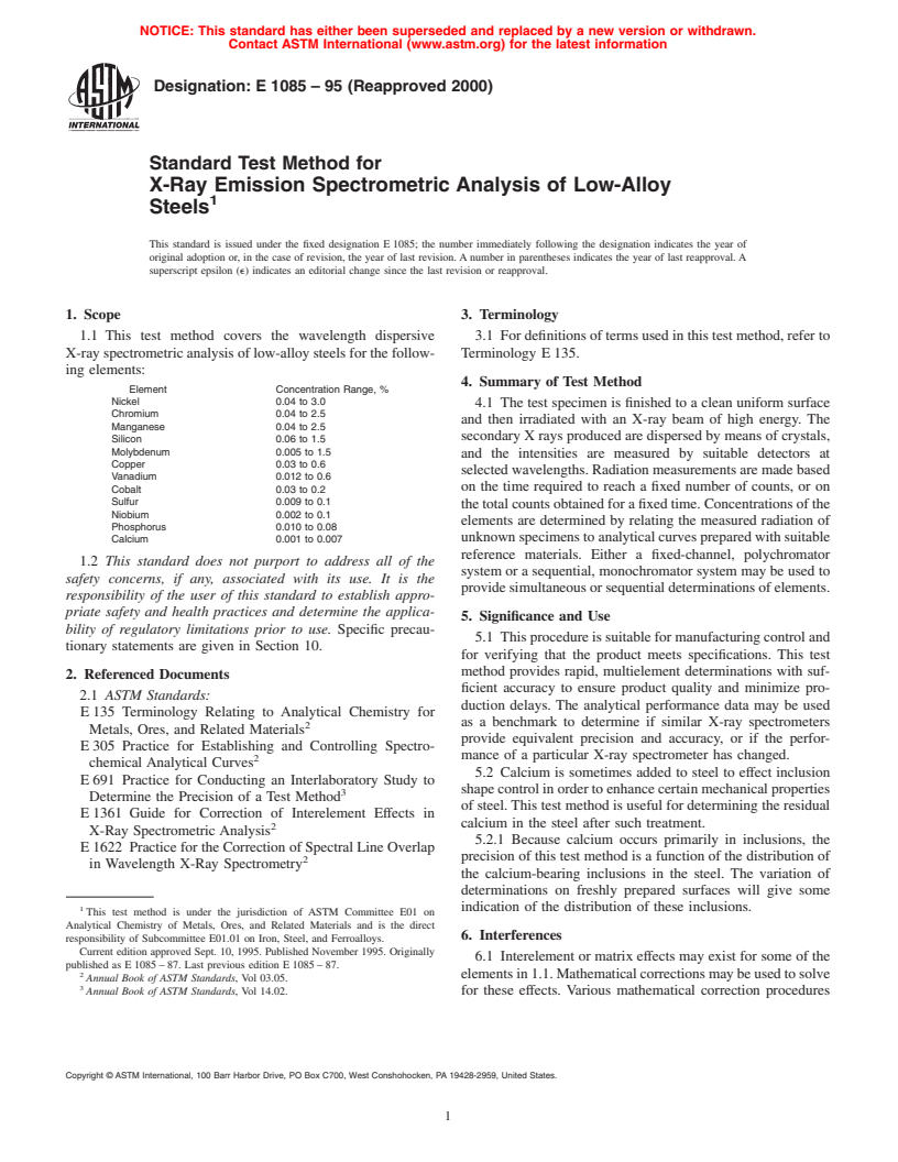 ASTM E1085-95(2000) - Standard Test Method for X-Ray Emission Spectrometric Analysis of Low-Alloy Steels