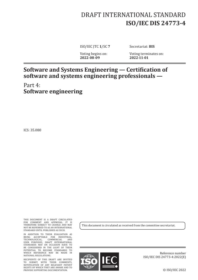 ISO/IEC FDIS 24773-4 - Software and systems engineering — Certification of software and systems engineering professionals — Part 4: Software engineering
Released:6/14/2022