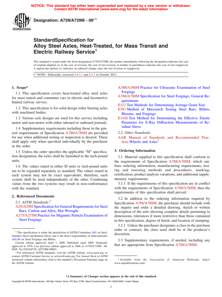 ASTM A729/A729M-09e1 - Standard Specification for  Alloy Steel Axles, Heat-Treated, for Mass Transit and Electric Railway Service