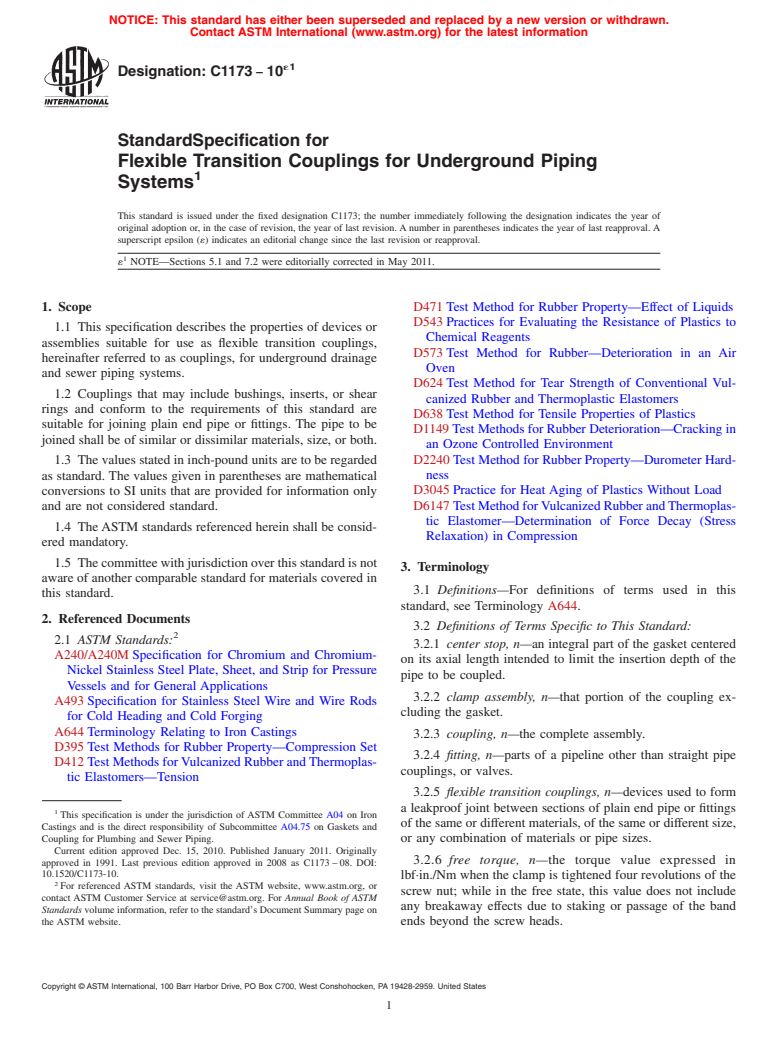 ASTM C1173-10e1 - Standard Specification for Flexible Transition Couplings for Underground Piping Systems
