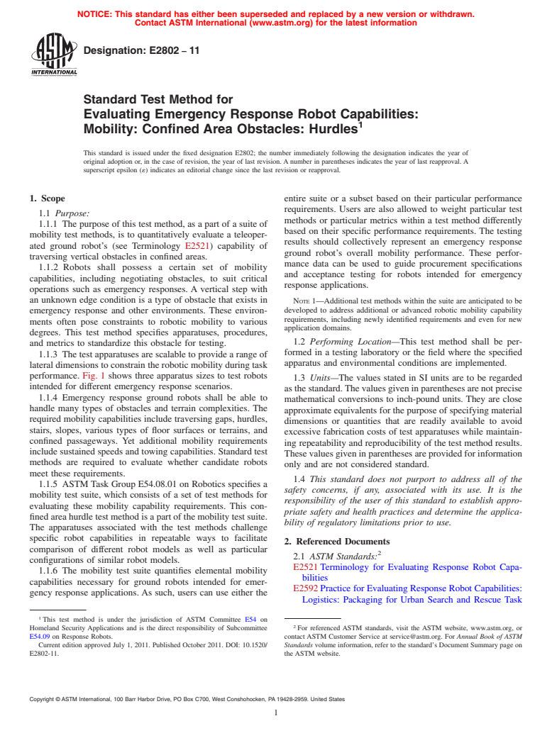 ASTM E2802-11 - Standard Test Method for Evaluating Emergency Response Robot Capabilities: Mobility: Confined Area Obstacles: Hurdles