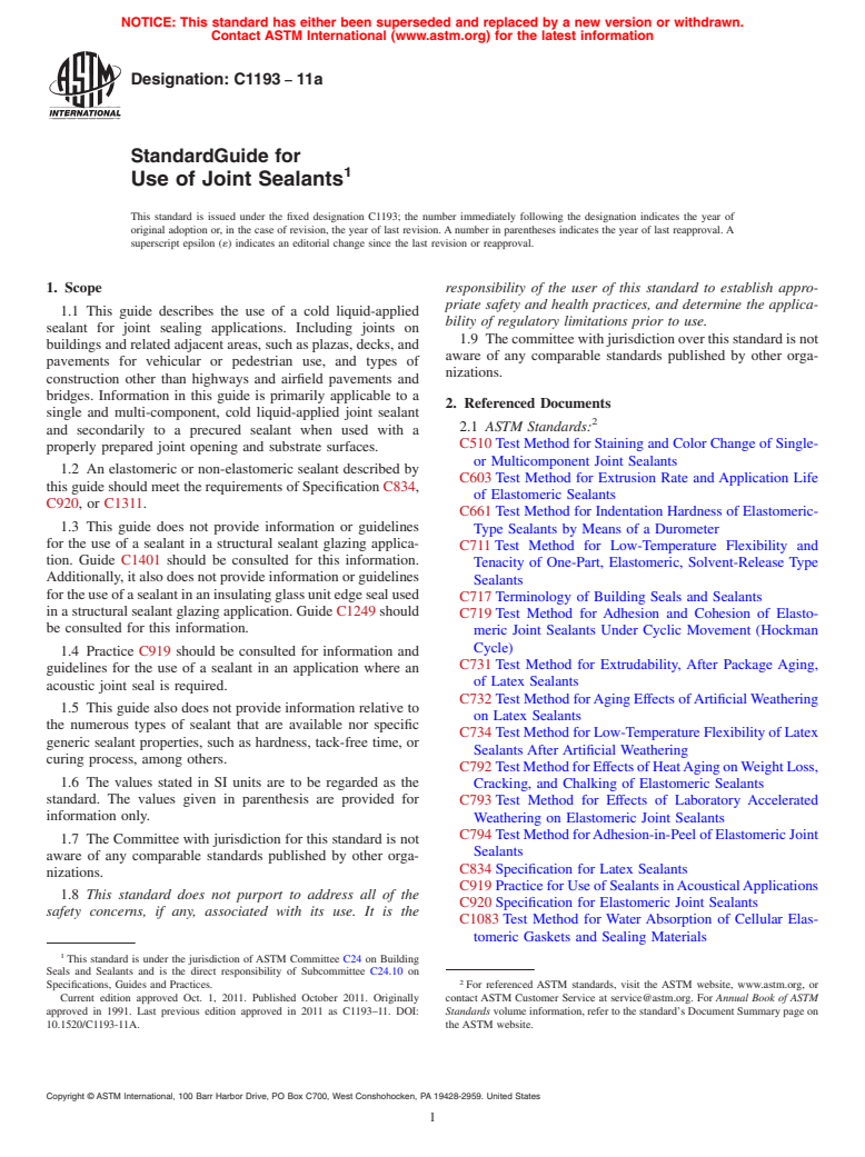 ASTM C1193-11a - Standard Guide for Use of Joint Sealants