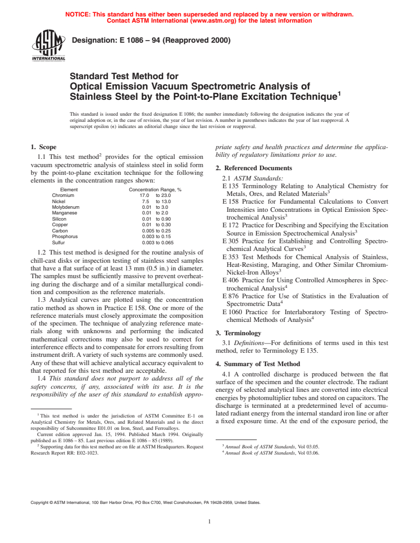 ASTM E1086-94(2000) - Standard Test Method for Optical Emission Vacuum Spectrometric Analysis of Stainless Steel by the Point-to-Plane Excitation Technique