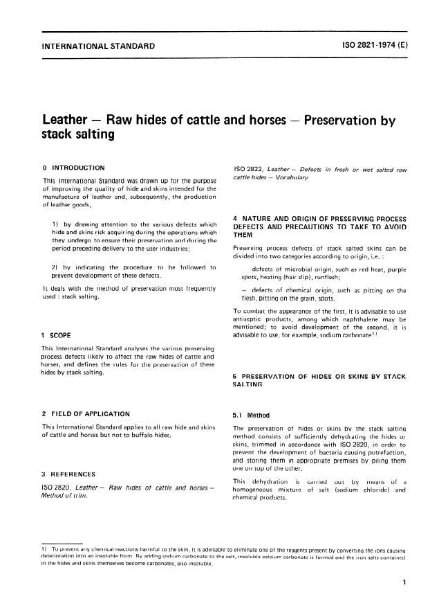ISO 2821:1974 - Leather -- Raw hides of cattle and horses -- Preservation by stack salting