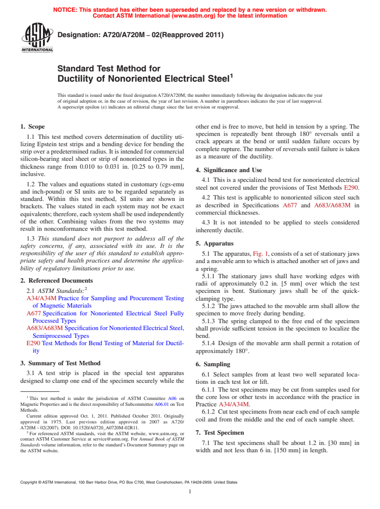 ASTM A720/A720M-02(2011) - Standard Test Method for Ductility of Nonoriented Electrical Steel