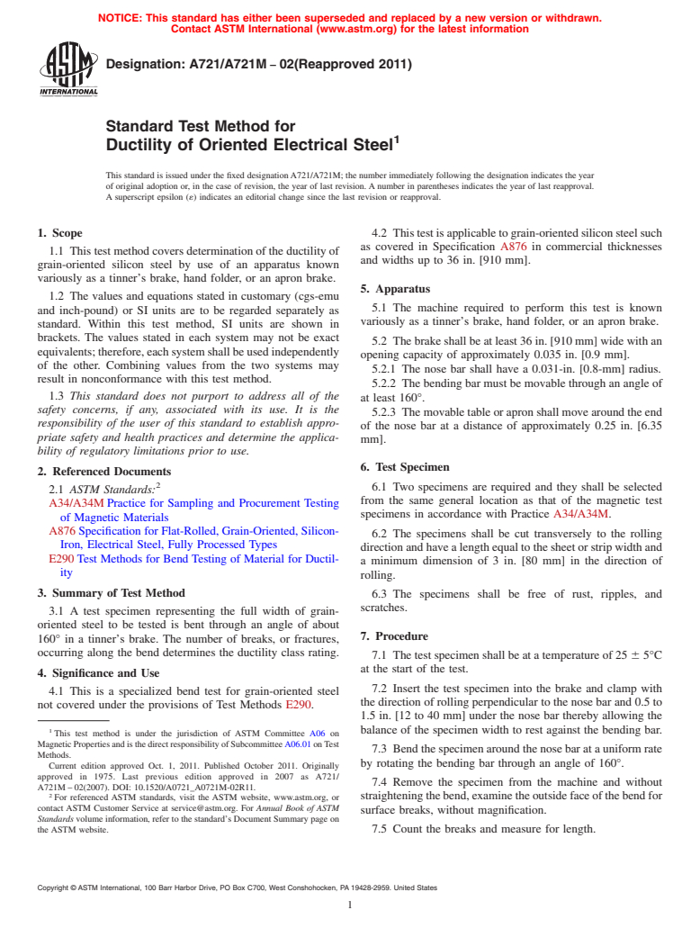 ASTM A721/A721M-02(2011) - Standard Test Method for  Ductility of Oriented Electrical Steel