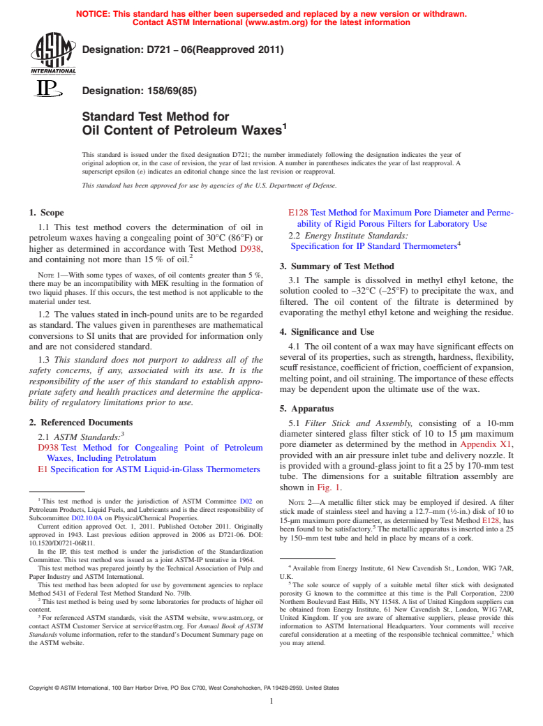 ASTM D721-06(2011) - Standard Test Method for Oil Content of Petroleum Waxes