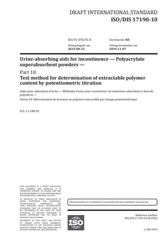 ISO/PRF 17190-10:Version 25-apr-2020 - Urine-absorbing aids for incontinence -- Polyacrylate superabsorbent powders