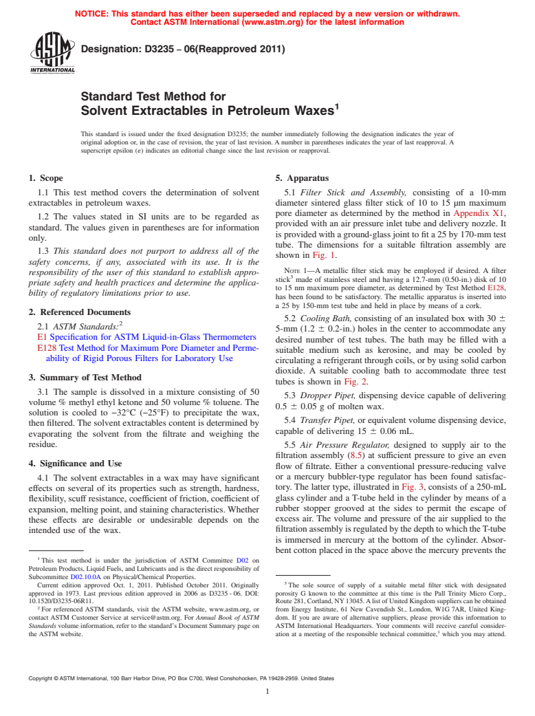 ASTM D3235-06(2011) - Standard Test Method for Solvent Extractables in Petroleum Waxes