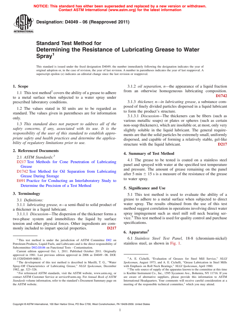 ASTM D4049-06(2011) - Standard Test Method for Determining the Resistance of Lubricating Grease to Water Spray