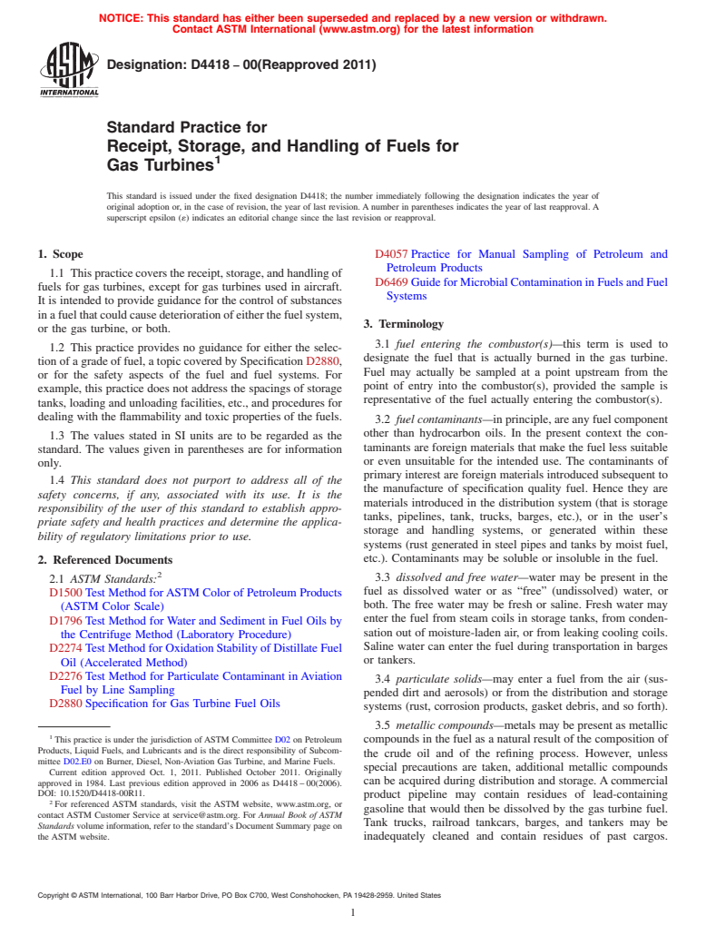 ASTM D4418-00(2011) - Standard Practice for Receipt, Storage, and Handling of Fuels for<br>  Gas Turbines