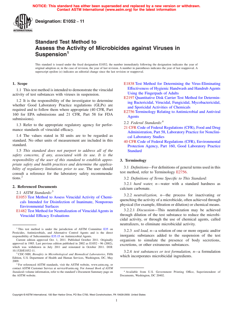ASTM E1052-11 - Standard Test Method to Assess the Activity of Microbicides against Viruses in Suspension