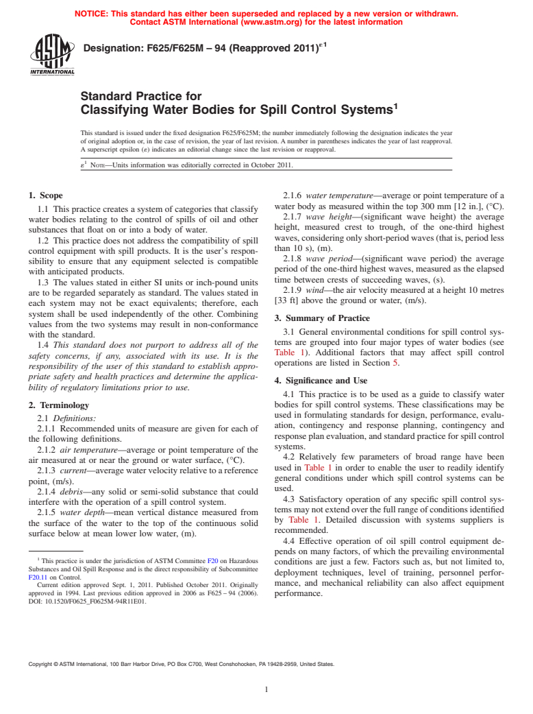 ASTM F625/F625M-94(2011)e1 - Standard Practice for Classifying Water Bodies for Spill Control Systems