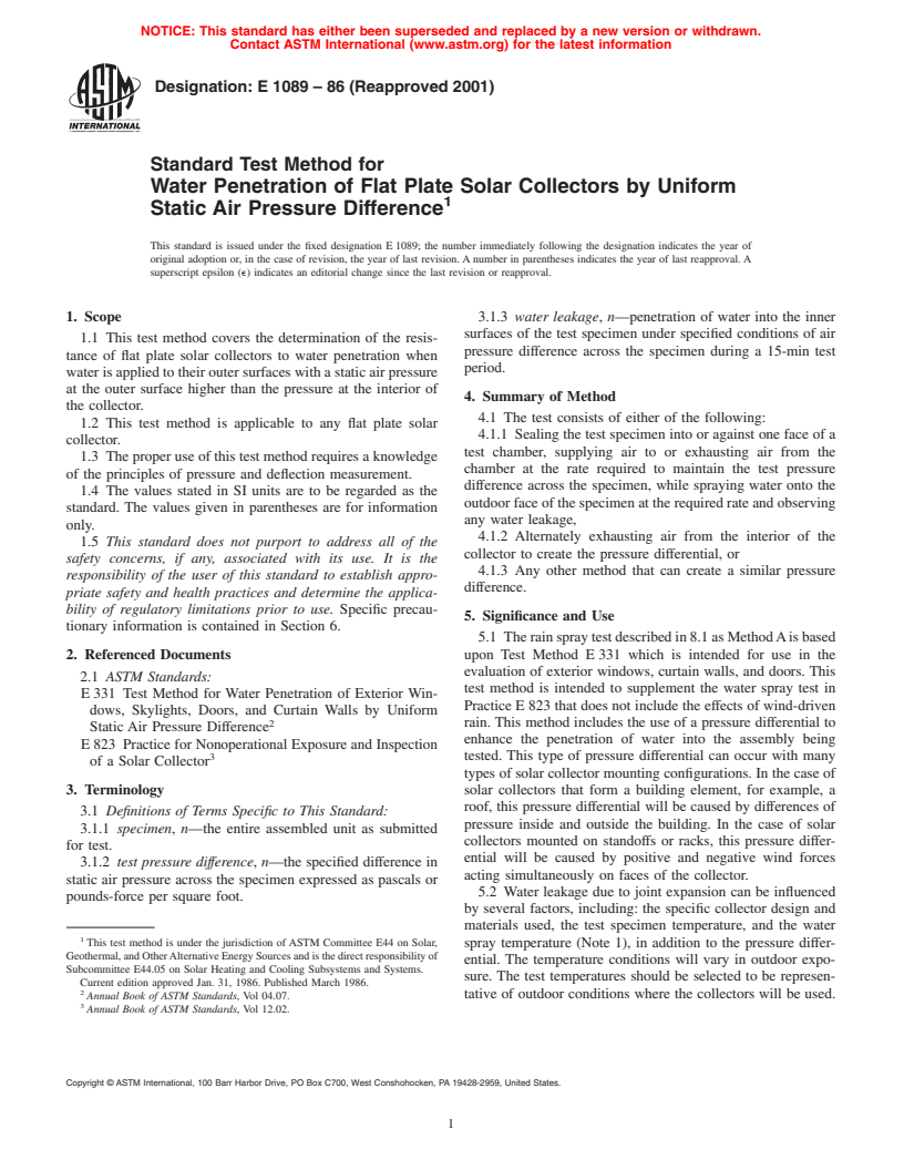 ASTM E1089-86(2001) - Standard Test Method for Water Penetration of Flat Plate Solar Collectors by Uniform Static Air Pressure Difference