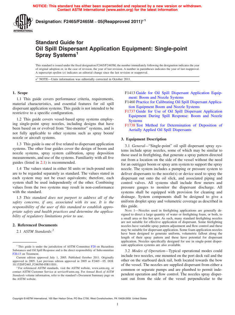 ASTM F2465/F2465M-05(2011)e1 - Standard Guide for Oil Spill Dispersant Application Equipment: Single-point Spray Systems