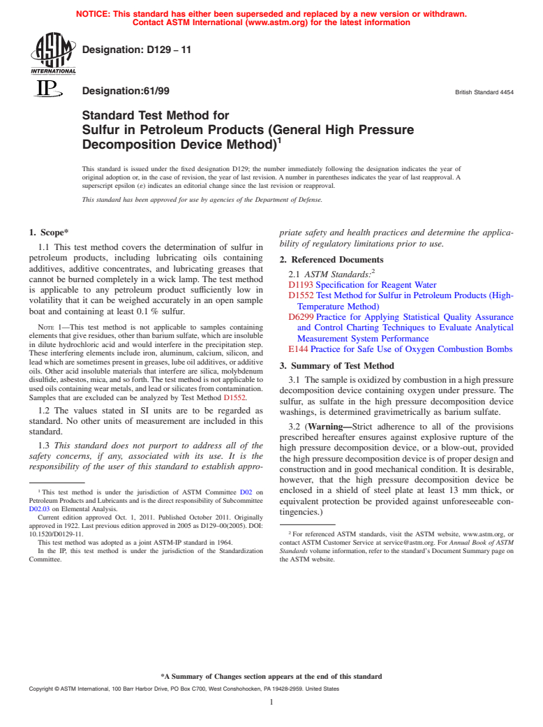 ASTM D129-11 - Standard Test Method for Sulfur in Petroleum Products (General High Pressure Decomposition Device Method)