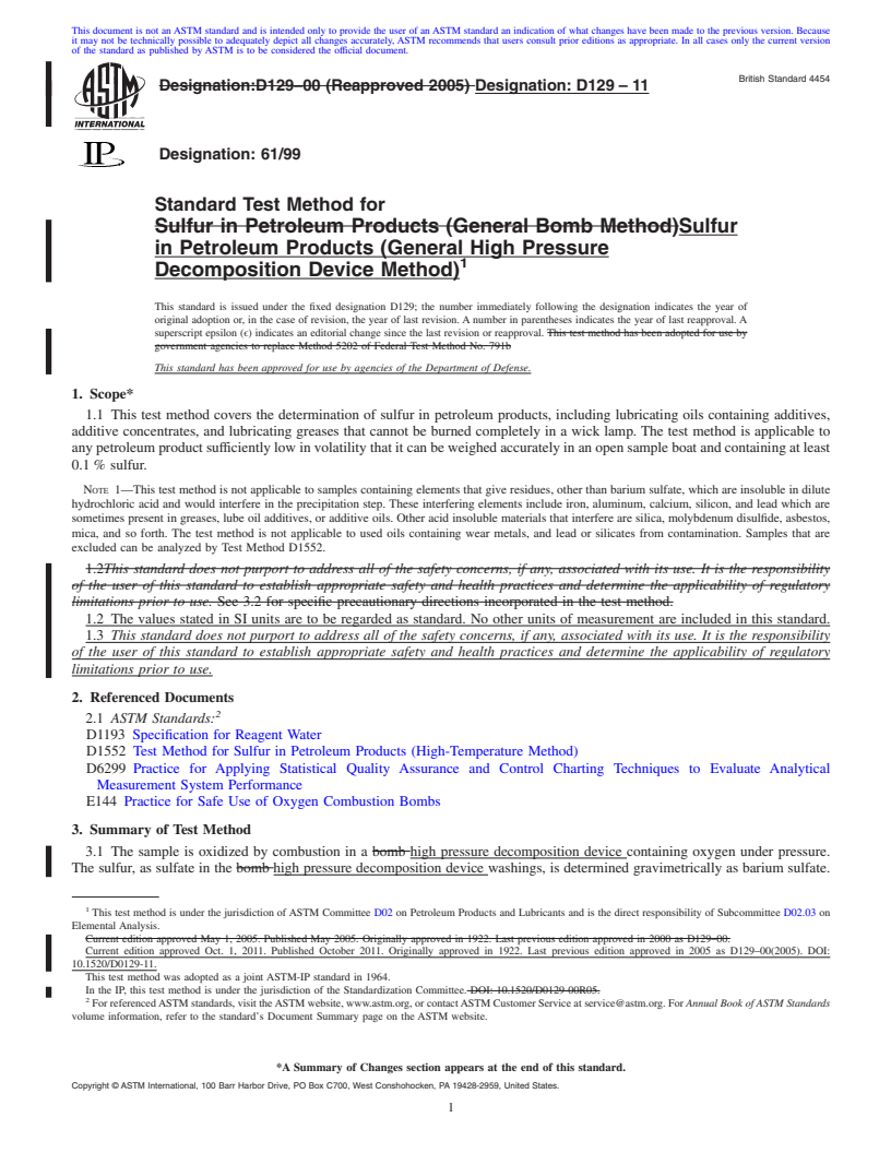 REDLINE ASTM D129-11 - Standard Test Method for Sulfur in Petroleum Products (General High Pressure Decomposition Device Method)