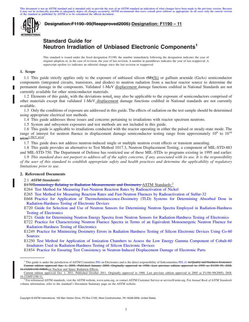 REDLINE ASTM F1190-11 - Standard Guide for Neutron Irradiation of Unbiased Electronic Components