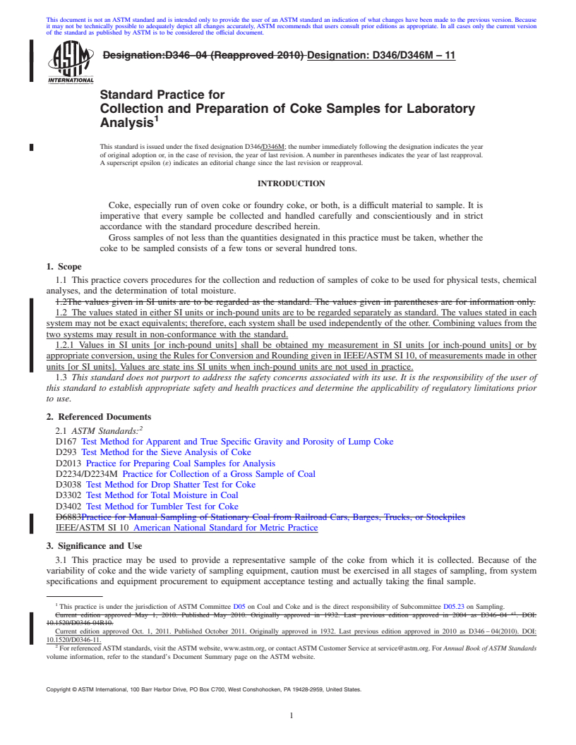 REDLINE ASTM D346/D346M-11 - Standard Practice for  Collection and Preparation of Coke Samples for Laboratory Analysis