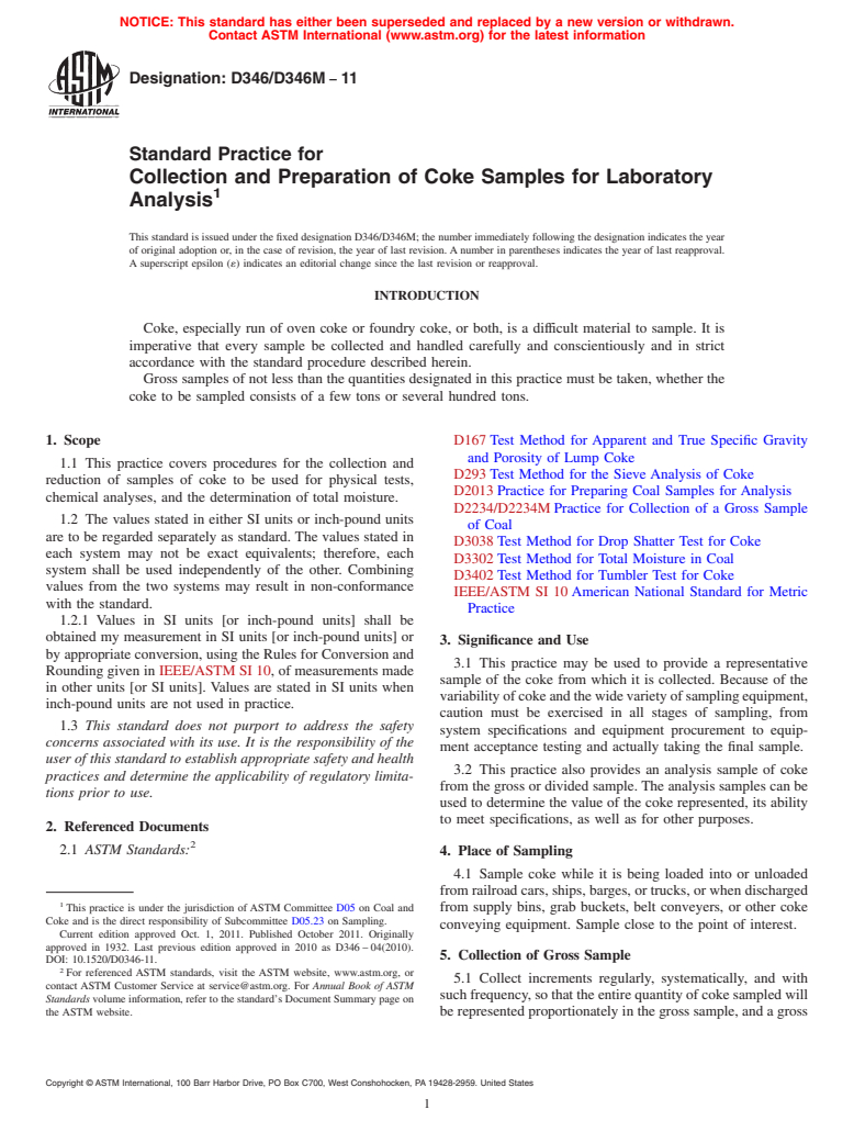 ASTM D346/D346M-11 - Standard Practice for  Collection and Preparation of Coke Samples for Laboratory Analysis