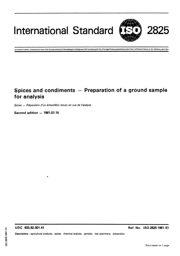 ISO 2825:1981 - Spices and condiments -- Preparation of a ground sample for analysis
