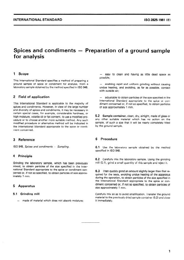 ISO 2825:1981 - Spices and condiments -- Preparation of a ground sample for analysis