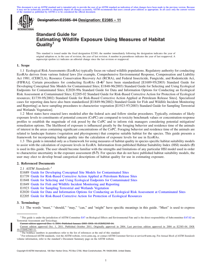 REDLINE ASTM E2385-11 - Standard Guide for Estimating Wildlife Exposure Using Measures of Habitat Quality