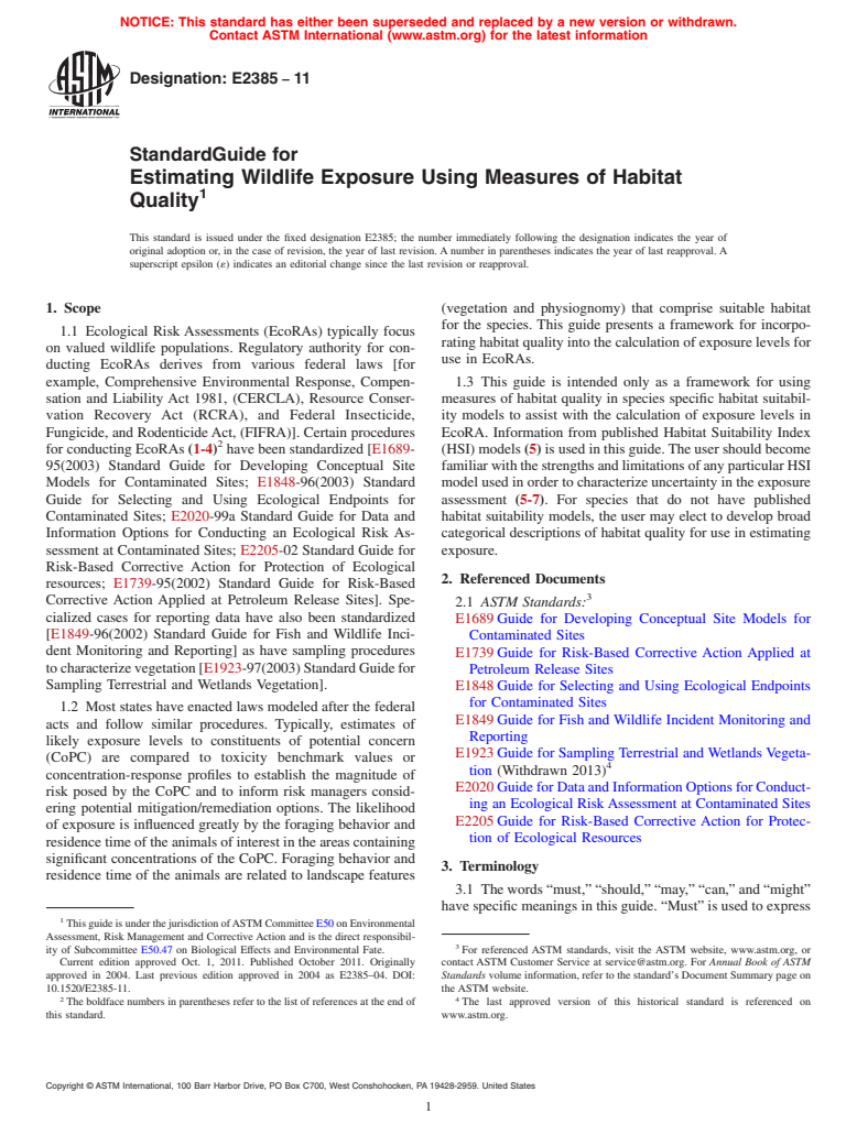 ASTM E2385-11 - Standard Guide for Estimating Wildlife Exposure Using Measures of Habitat Quality