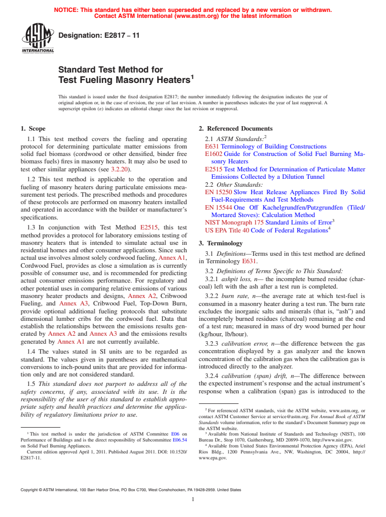 ASTM E2817-11 - Standard Test Method for Test Fueling Masonry Heaters