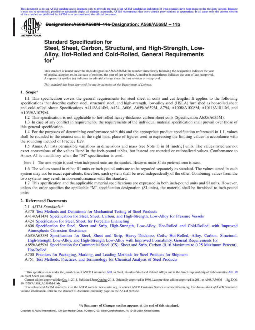 REDLINE ASTM A568/A568M-11b - Standard Specification for  Steel, Sheet, Carbon, Structural, and High-Strength, Low-Alloy,  Hot-Rolled and Cold-Rolled, General Requirements for