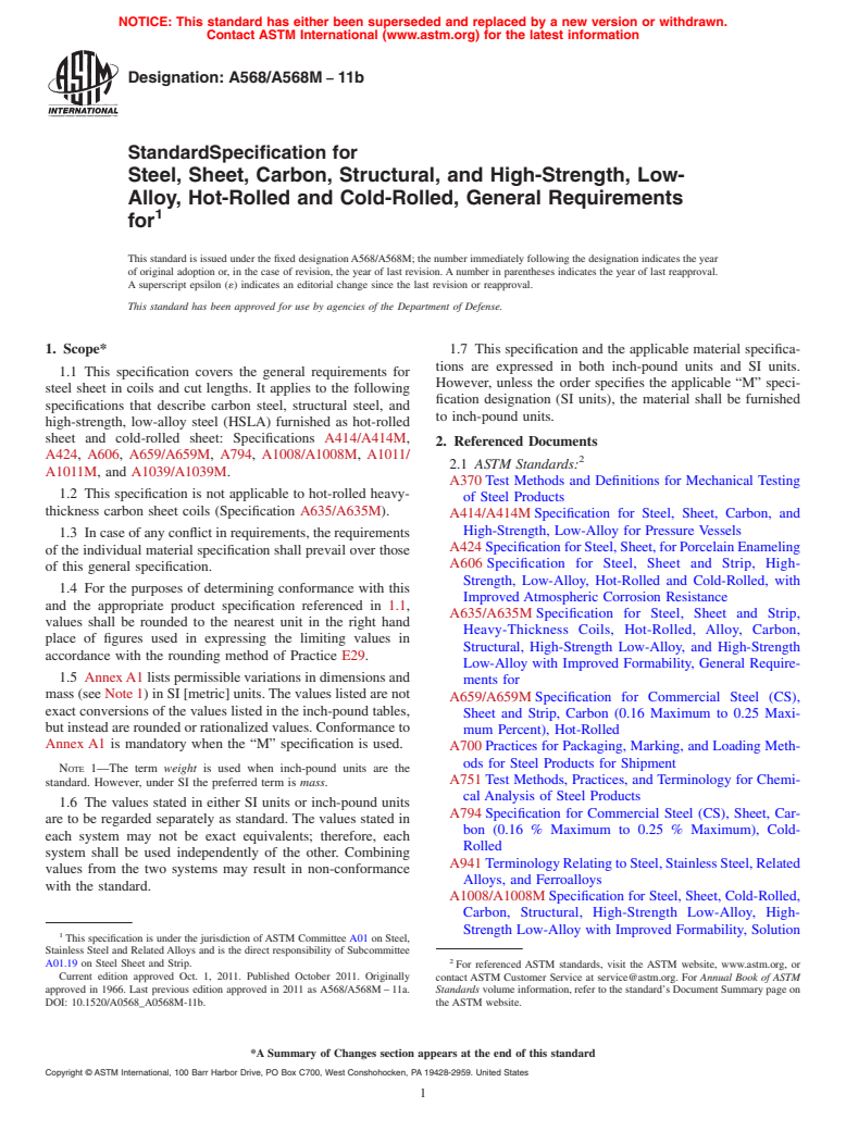 ASTM A568/A568M-11b - Standard Specification for  Steel, Sheet, Carbon, Structural, and High-Strength, Low-Alloy,  Hot-Rolled and Cold-Rolled, General Requirements for