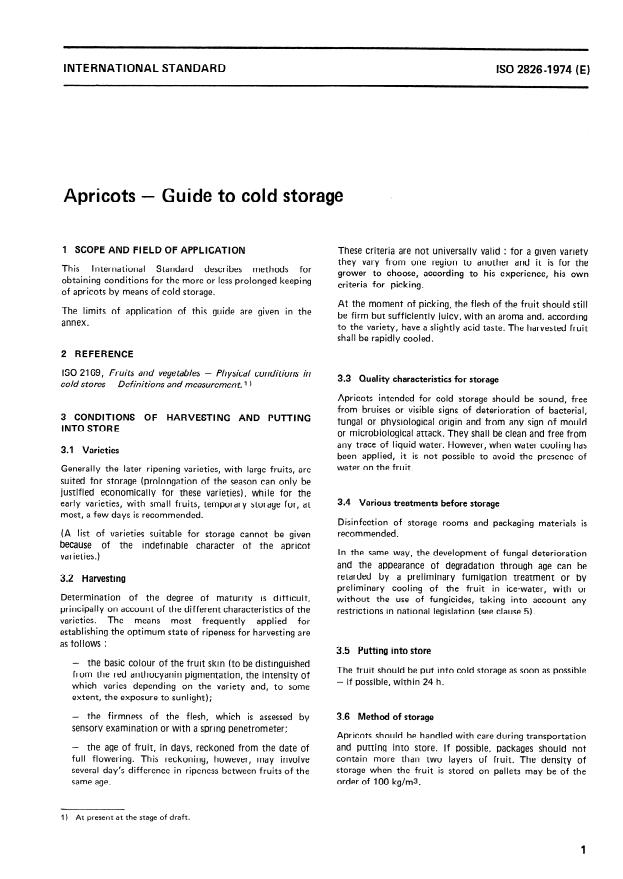 ISO 2826:1974 - Apricots -- Guide to cold storage