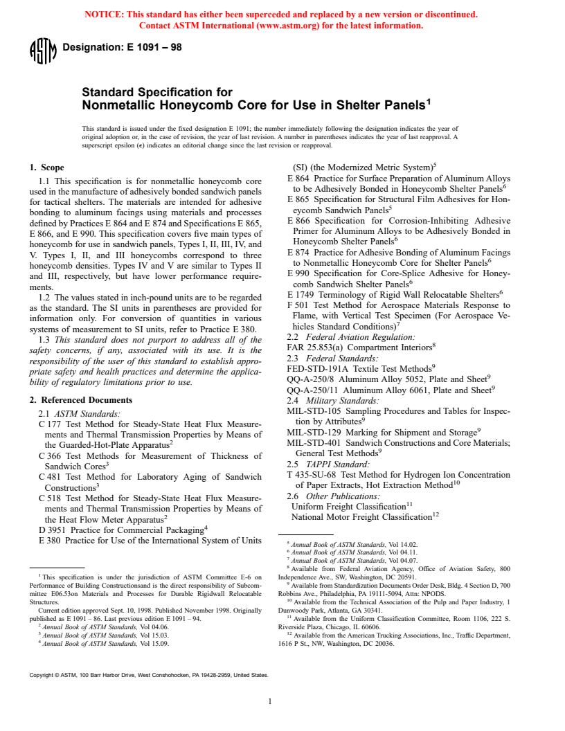 ASTM E1091-98 - Standard Specification for Nonmetallic Honeycomb Core for Use in Shelter Panels