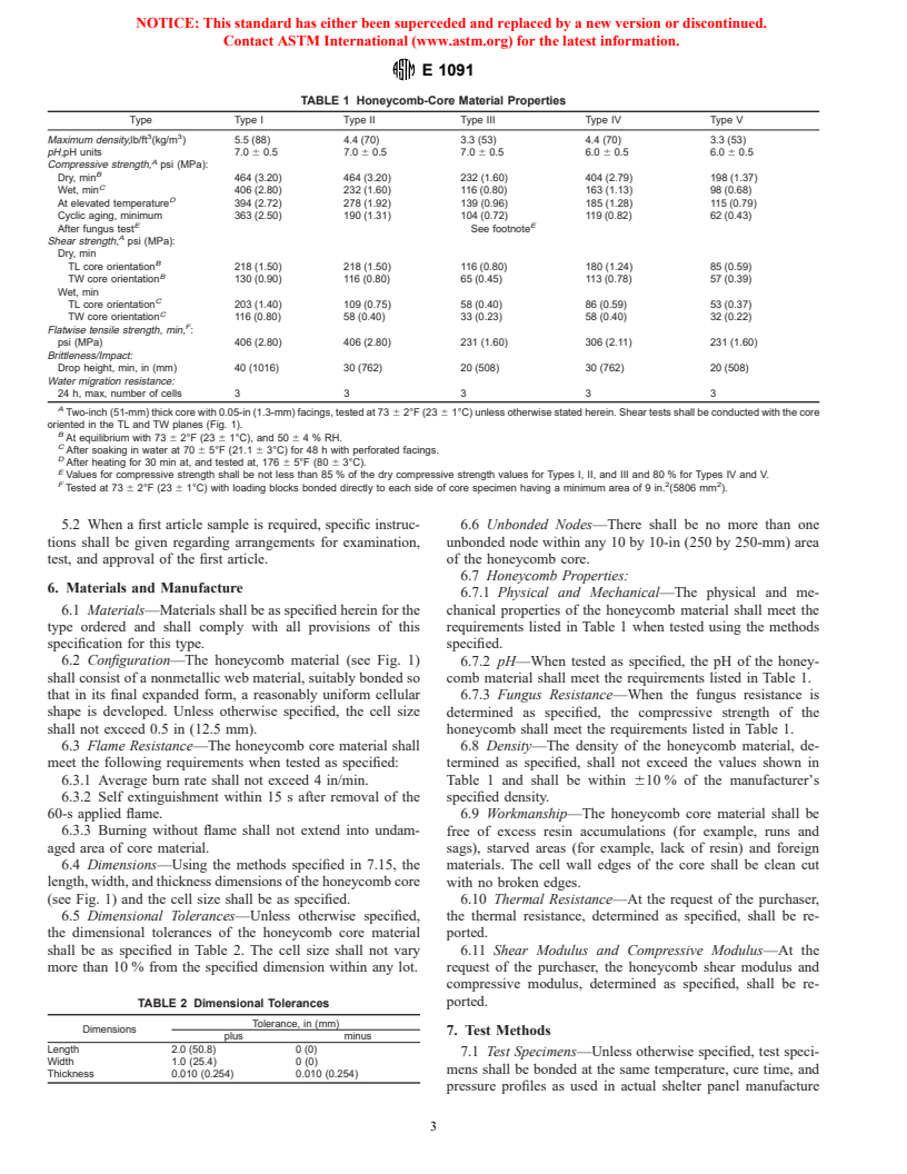 ASTM E1091-98 - Standard Specification for Nonmetallic Honeycomb Core for Use in Shelter Panels