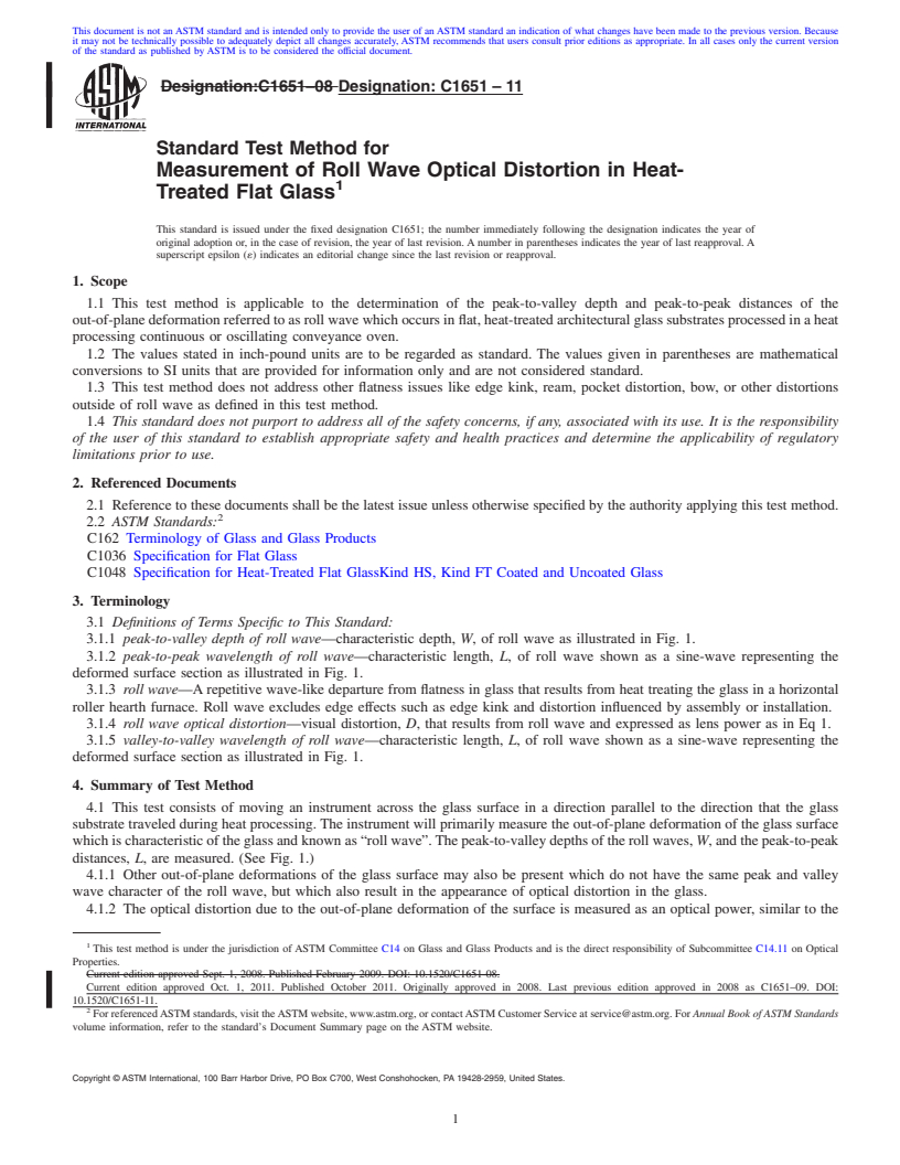 REDLINE ASTM C1651-11 - Standard Test Method for Measurement of Roll Wave Optical Distortion in Heat-Treated Flat Glass