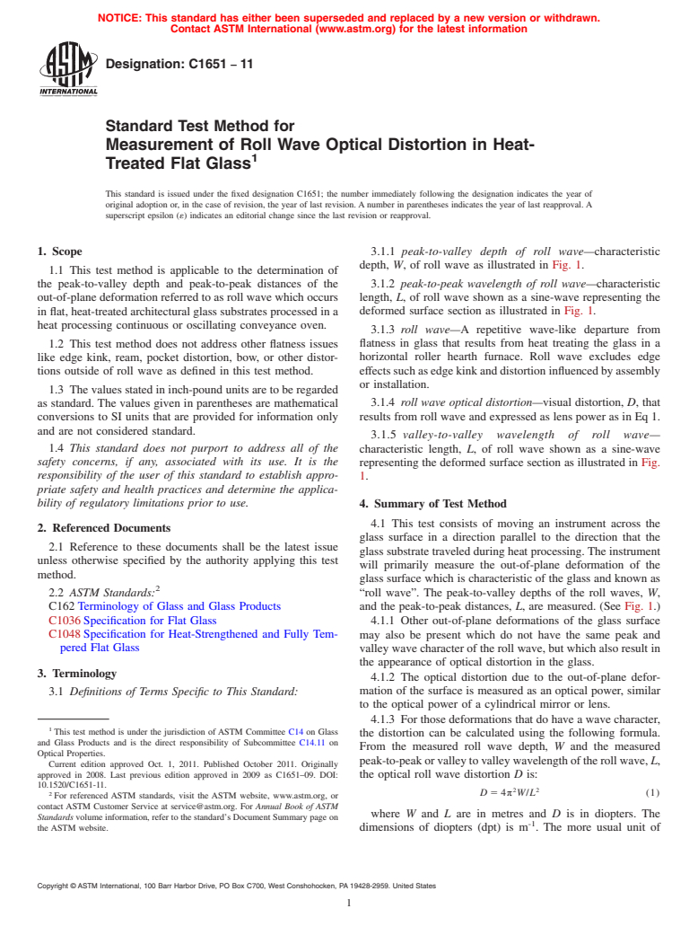 ASTM C1651-11 - Standard Test Method for Measurement of Roll Wave Optical Distortion in Heat-Treated Flat Glass