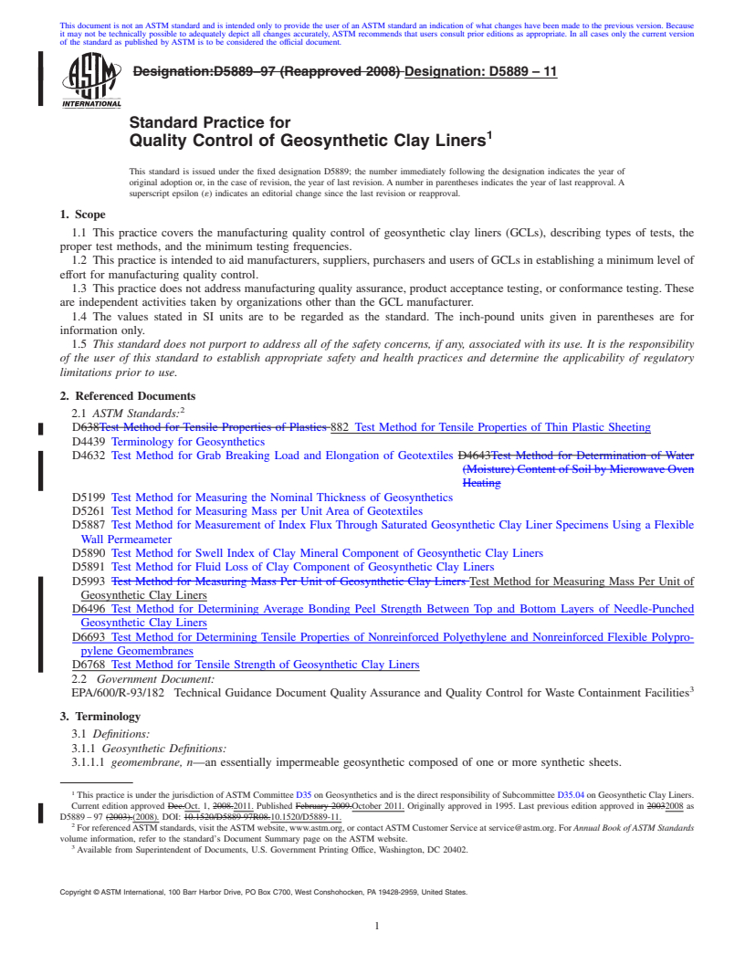 REDLINE ASTM D5889-11 - Standard Practice for  Quality Control of Geosynthetic Clay Liners