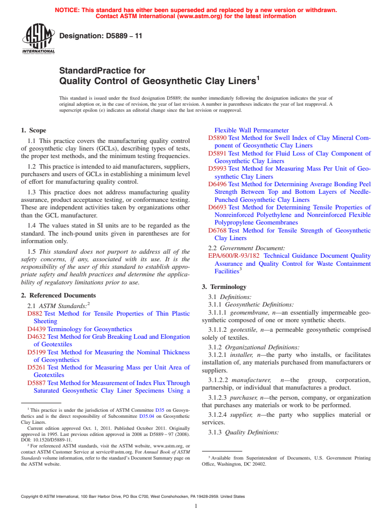 ASTM D5889-11 - Standard Practice for  Quality Control of Geosynthetic Clay Liners