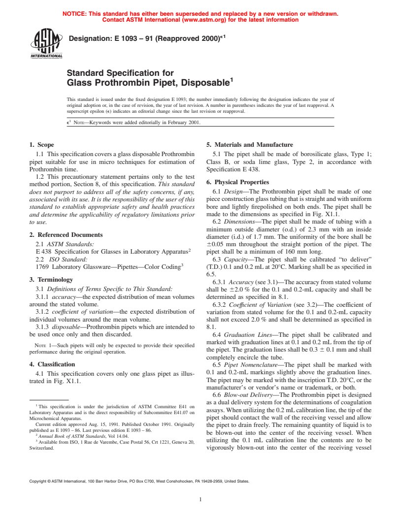 ASTM E1093-91(2000)e1 - Standard Specification for Glass Prothrombin Pipet, Disposable