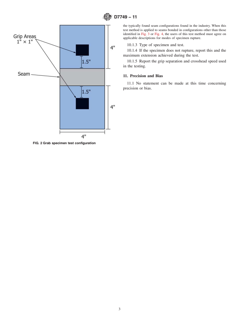 ASTM D7749-11 - Standard Test Method for Determining Integrity of Seams Produced Using Thermo-Fusion Methods for Reinforced Geomembranes by the Grab Method