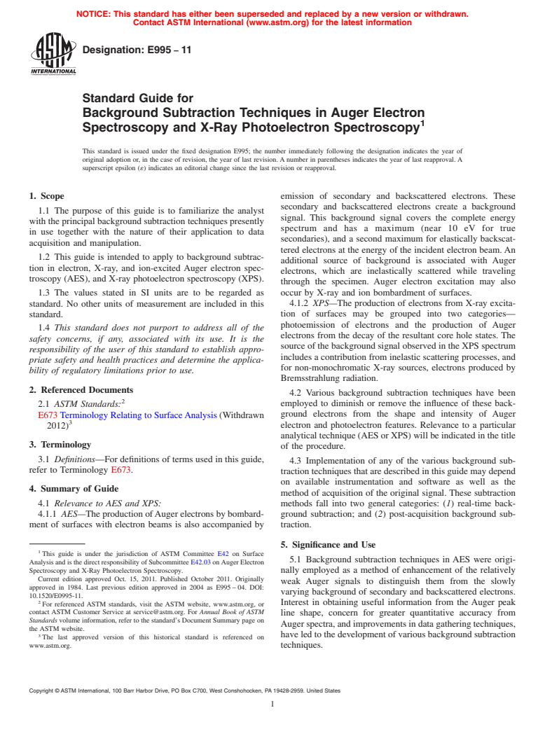 ASTM E995-11 - Standard Guide for Background Subtraction Techniques in Auger Electron Spectroscopy and X-Ray Photoelectron Spectroscopy