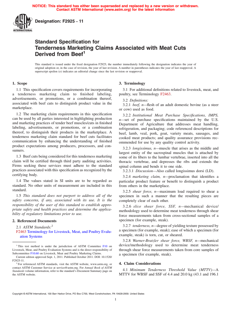 ASTM F2925-11 - Standard Specification for Tenderness Marketing Claims Associated with Meat Cuts Derived from Beef