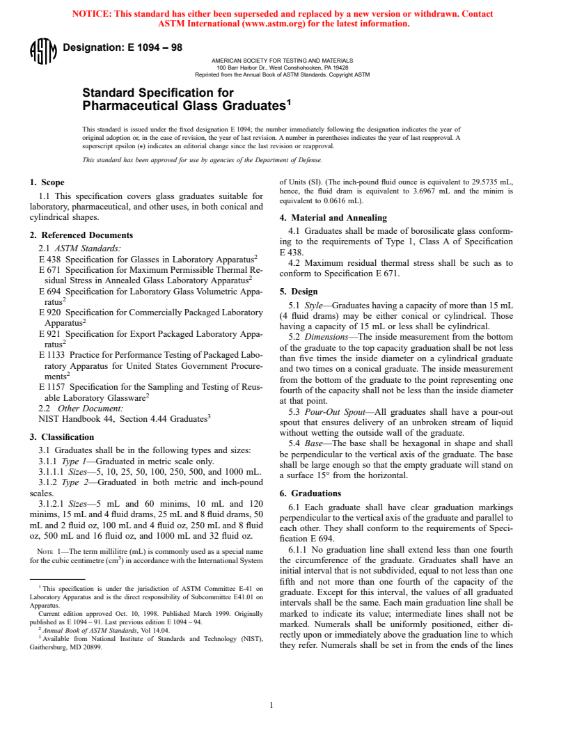 ASTM E1094-98 - Standard Specification for Pharmaceutical Glass Graduates