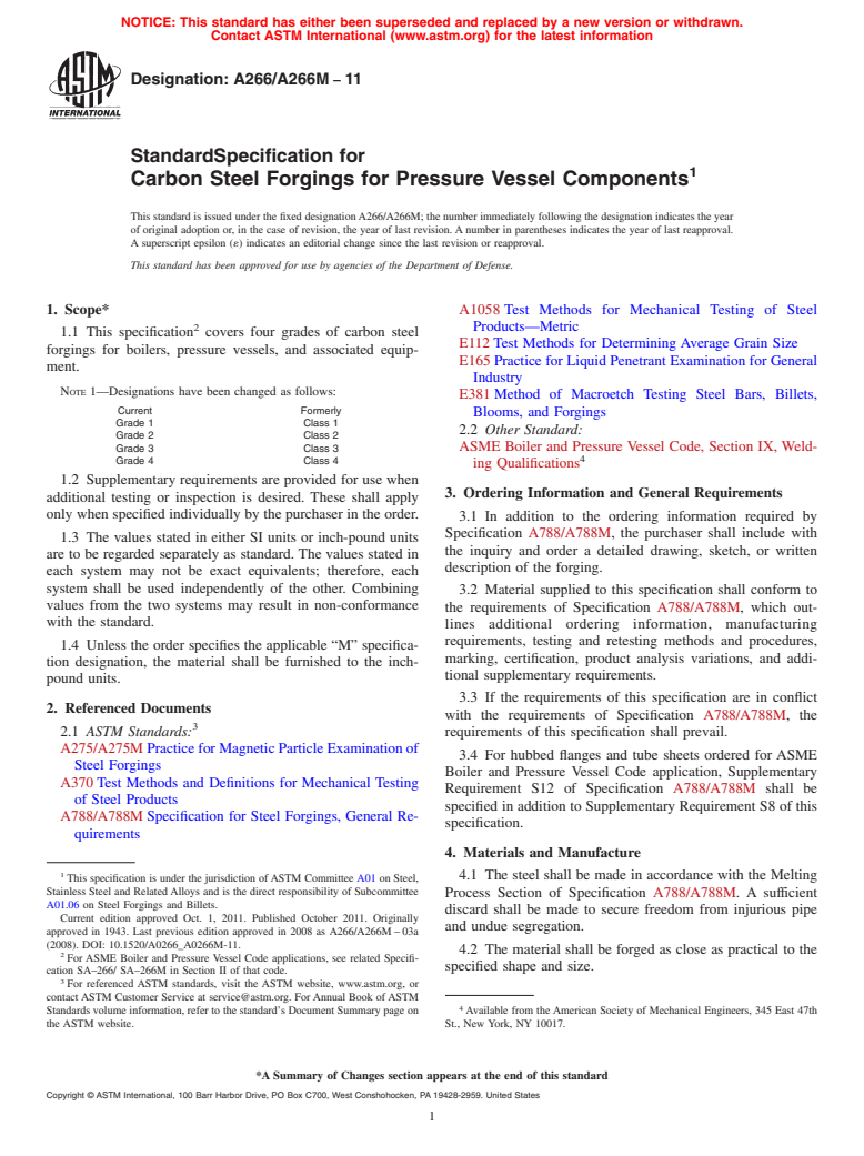 ASTM A266/A266M-11 - Standard Specification for  Carbon Steel Forgings for Pressure Vessel Components