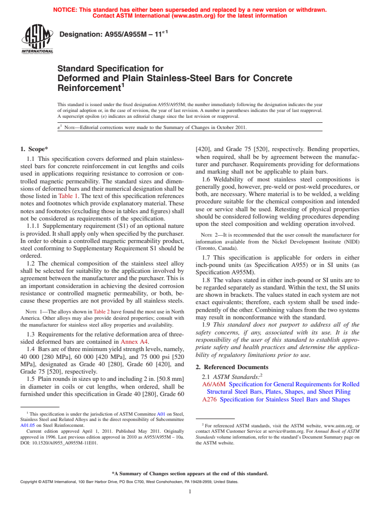 ASTM A955/A955M-11e1 - Standard Specification for  Deformed and Plain Stainless-Steel Bars for Concrete Reinforcement