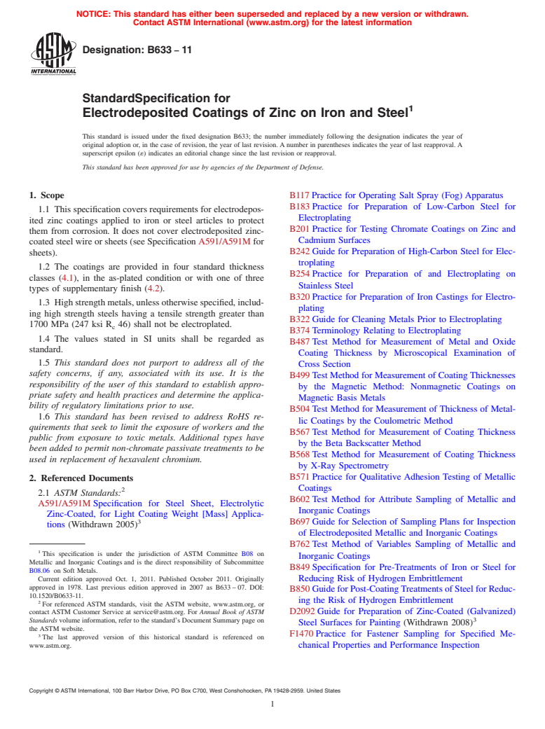 ASTM B633-11 - Standard Specification for  Electrodeposited Coatings of Zinc on Iron and Steel