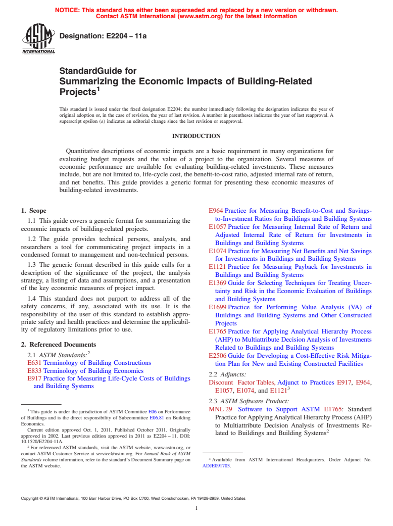 ASTM E2204-11a - Standard Guide for Summarizing the Economic Impacts of Building-Related Projects