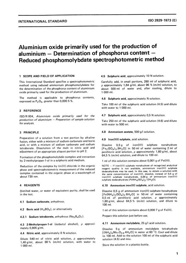 ISO 2829:1973 - Aluminium oxide primarily used for the production of aluminium -- Determination of phosphorus content -- Reduced phosphomolybdate spectrophotometric method