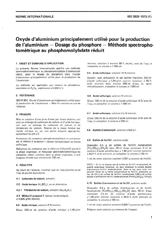 ISO 2829:1973 - Oxyde d'aluminium principalement utilisé pour la production de l'aluminium -- Dosage du phosphore -- Méthode spectrophotométrique au phosphomolybdate réduit
